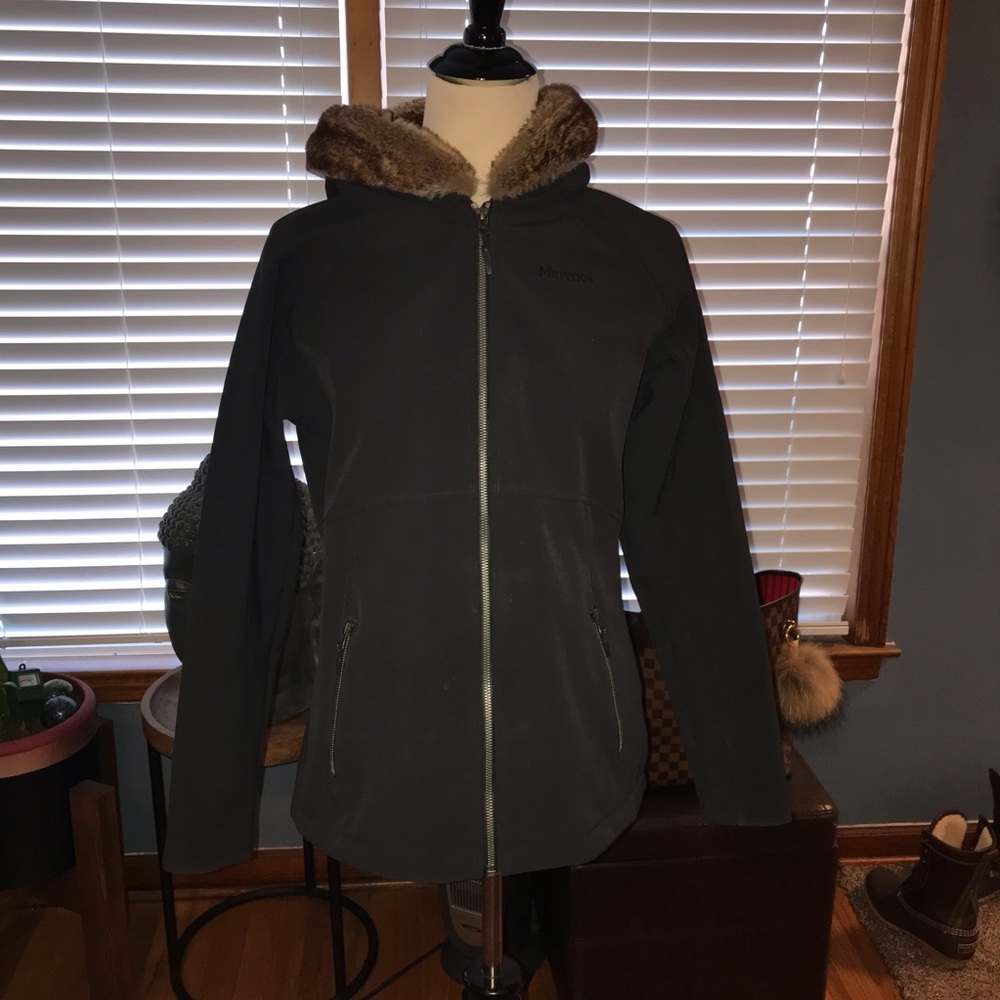 Marmot Women's Coat Black Faux Fur Hoodie - Large